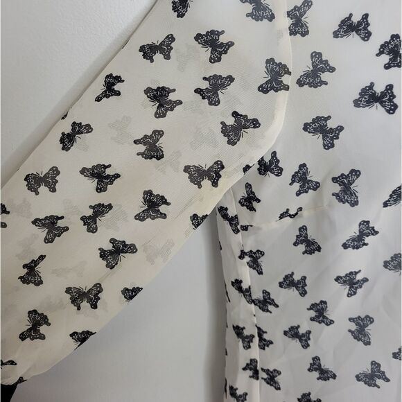 VINTAGE 90s Y2K blouse white sheer button up butterfly shirt 10 - Picture 5 of 11